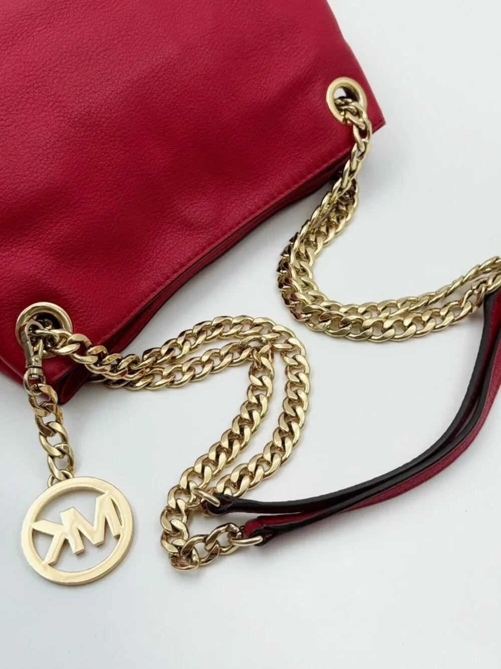 Michael Kors Red Leather Chain Shoulder Bag Gold Tone MK Charm Tote